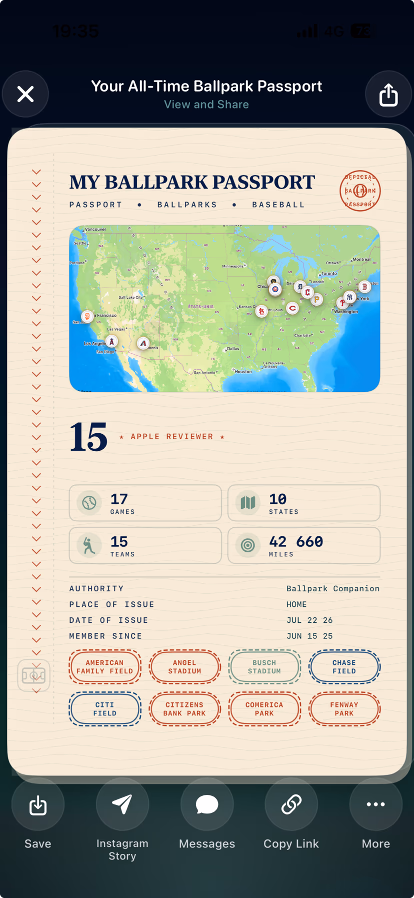 Shareable all-time Ballpark Passport showing a travel map, miles and earned stadium stamps