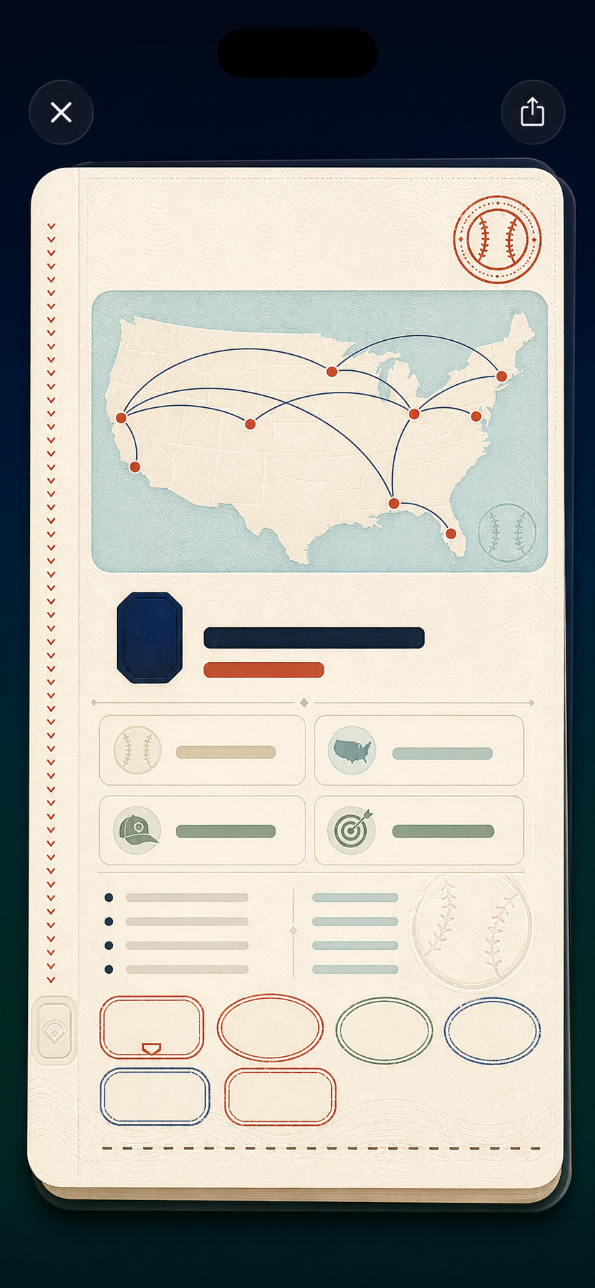 Shareable Ballpark Passport with map and stadium stamps